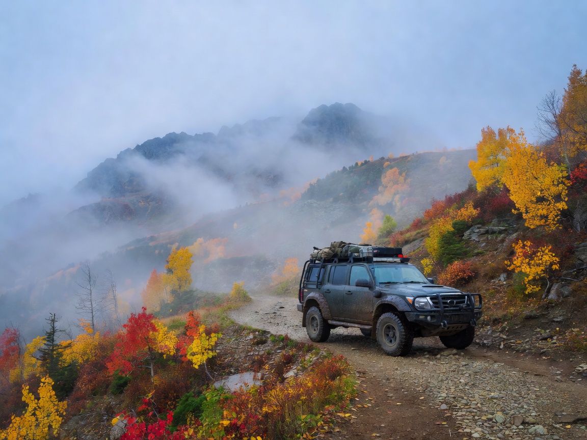Expedition 4x4 parked on a high mountain trail during early autumn atmospheric fog
