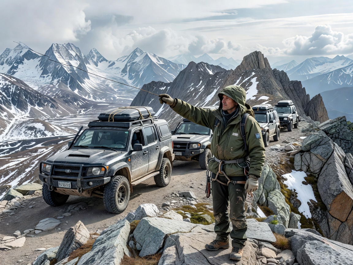 Expedition convoy pausing at an alpine overlook while lead guide points out route line