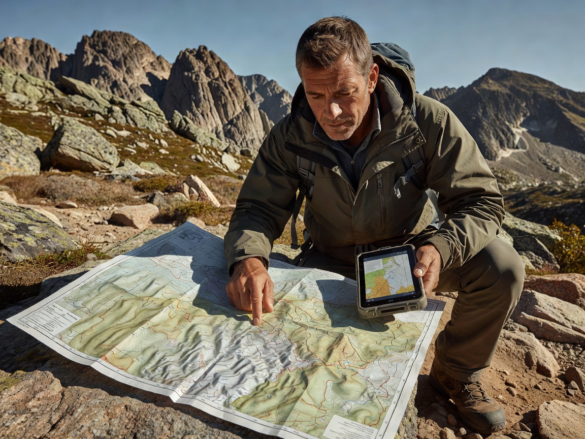Expedition navigator reviewing printed 1:25000 topographic maps and GPS tablet outdoors