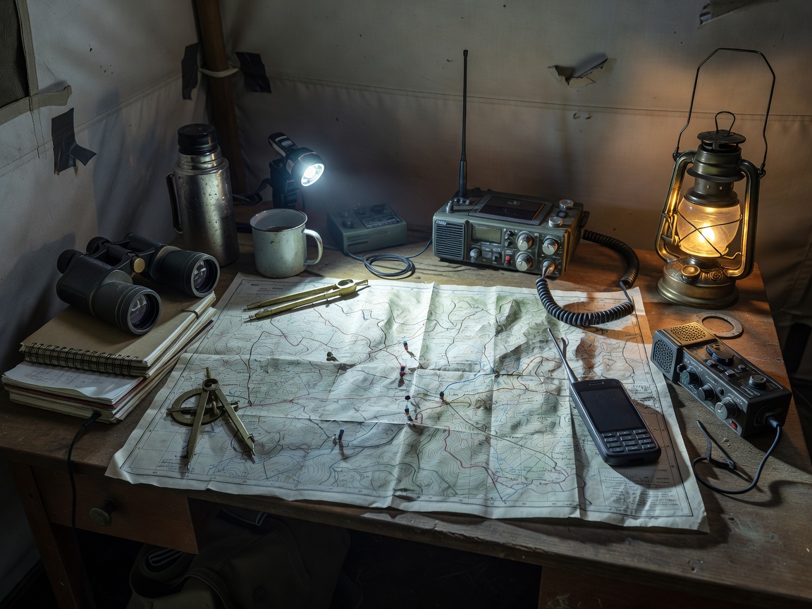 Expedition operations desk with communication equipment and route maps
