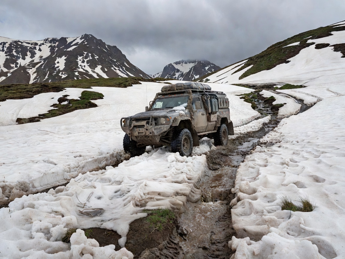 Expedition vehicle moving through late spring snow drifts and melting mountain mud