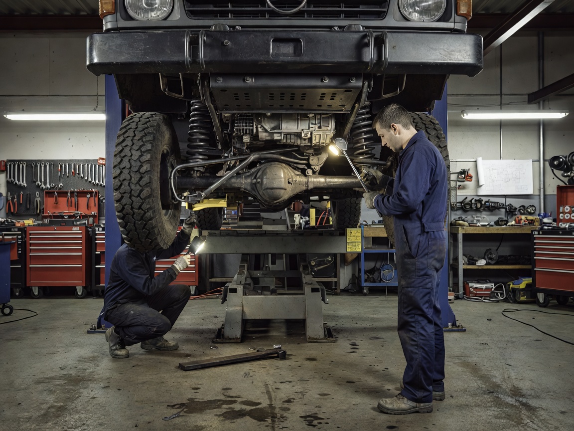 Expedition vehicle undergoing systematic mechanical inspection on workshop lift