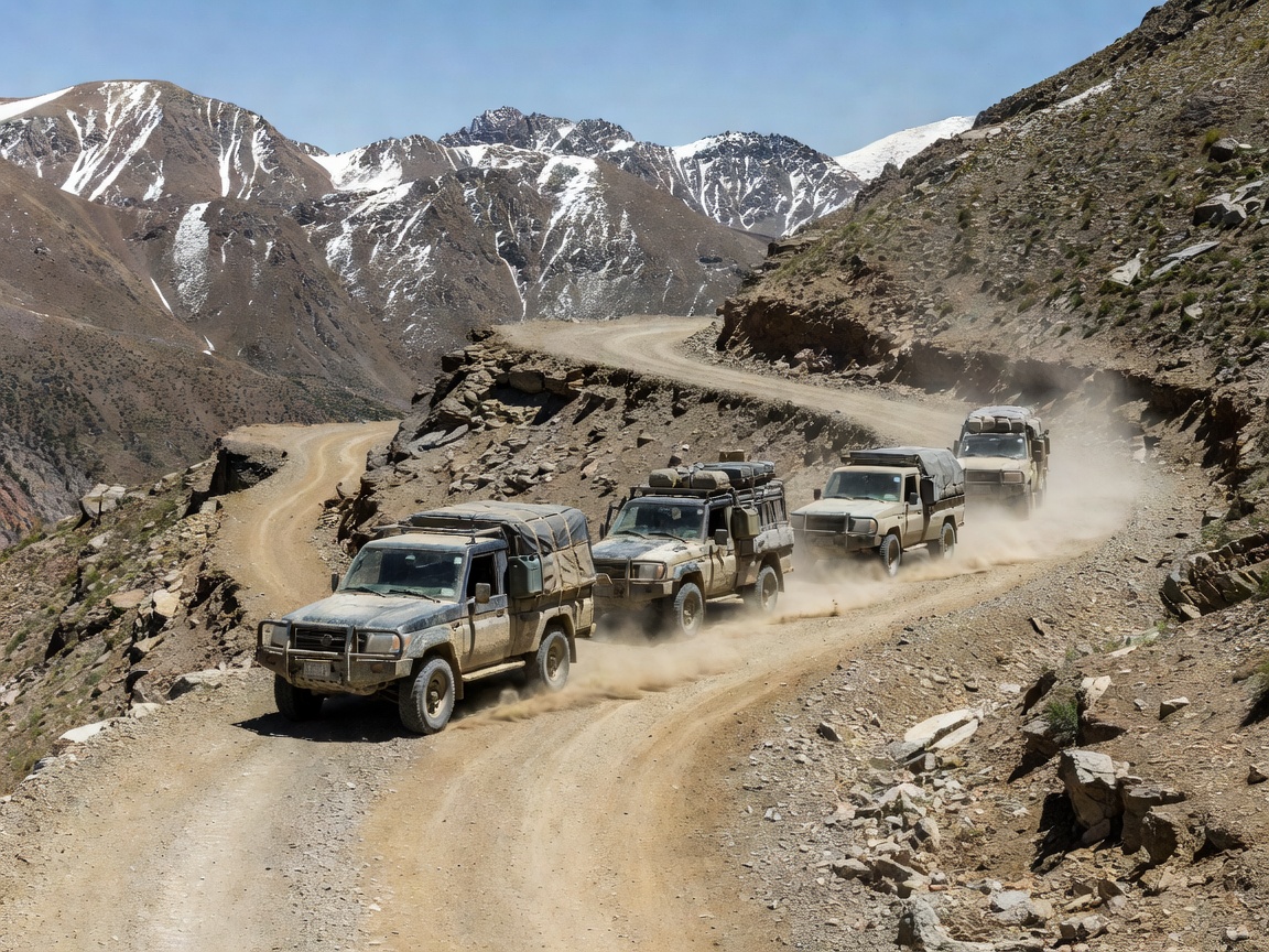 Small convoy of four-by-four expedition trucks traversing high altitude switchback