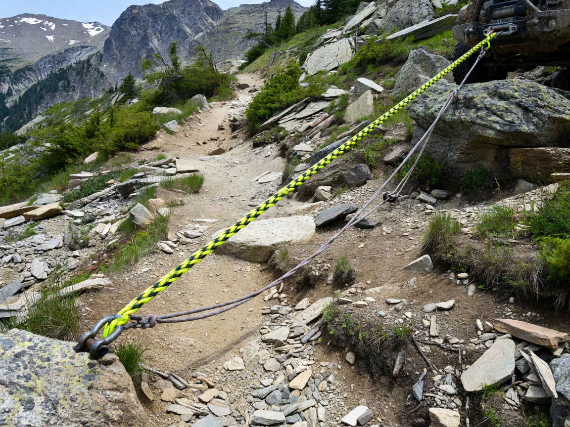 Synthetic winch line and kinetic recovery gear rigged on a steep alpine trail slope