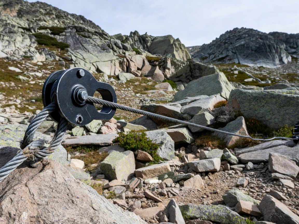 Technical synthetic winch line rigged through a snatch block anchor in mountain terrain