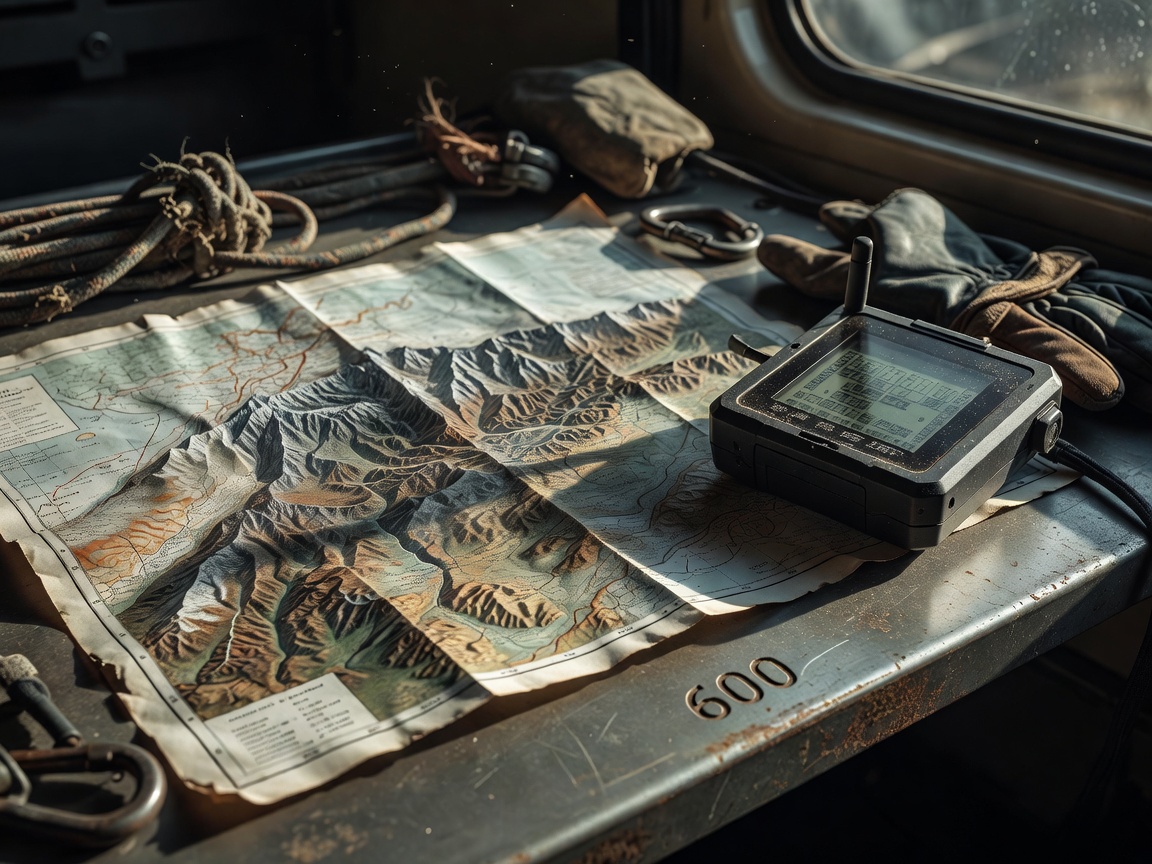 Topographic mountain map and satellite GPS terminal on expedition vehicle desk